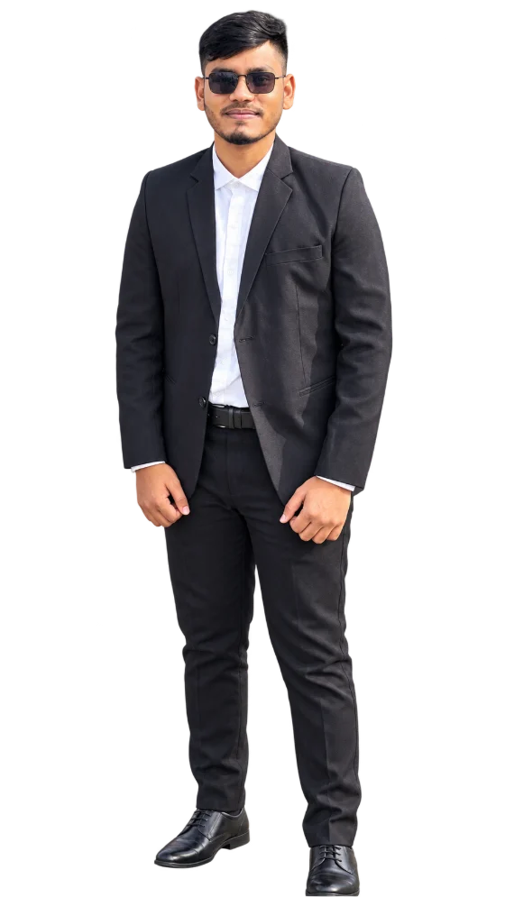 Jihad of FBA with Jihad, full-length portrait in a black suit